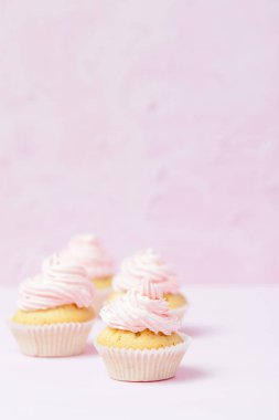 Cupcake pastel pembe bir arka plan üzerinde pembe buttercream ile dekore edilmiştir. Tatlı güzel pasta. Dikey afiş, düğün, doğum günü, kadınlar günü için tebrik kartı. Fotoğraf kadar kapatın. Seçici odak