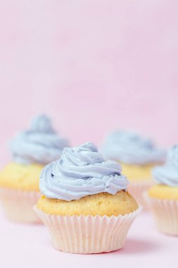 Cupcake pastel pembe bir arka plan üzerinde Menekşe buttercream ile dekore edilmiştir. Tatlı güzel pasta. Dikey afiş, düğün, doğum günü, kadınlar günü için tebrik kartı. Fotoğraf kadar kapatın. Seçici odak
