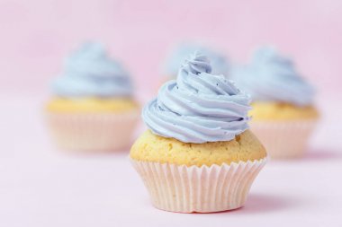 Cupcake pastel pembe bir arka plan üzerinde Menekşe buttercream ile dekore edilmiştir. Tatlı güzel pasta. Yatay banner, düğün, doğum günü, kadınlar günü için tebrik kartı. Fotoğraf kadar kapatın. Seçici odak