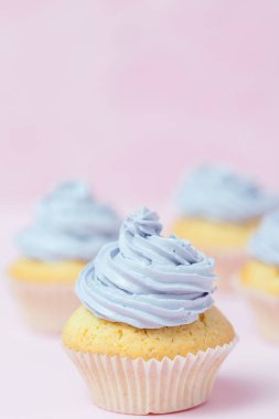 Cupcake pastel pembe bir arka plan üzerinde Menekşe buttercream ile dekore edilmiştir. Tatlı güzel pasta. Dikey afiş, düğün, doğum günü, kadınlar günü için tebrik kartı. Fotoğraf kadar kapatın. Seçici odak