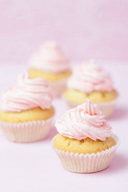 Cupcake pastel pembe bir arka plan üzerinde pembe buttercream ile dekore edilmiştir. Tatlı güzel pasta. Dikey afiş, düğün, doğum günü, kadınlar günü için tebrik kartı. Fotoğraf kadar kapatın. Seçici odak