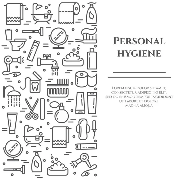 Personal hygiene line banner. Set of elements of shower, soap, bathroom, toilet, toothbrush and other cleaning pictograms. Line out. Simple silhouette. Editable stroke. Vector illustration — Stock Vector