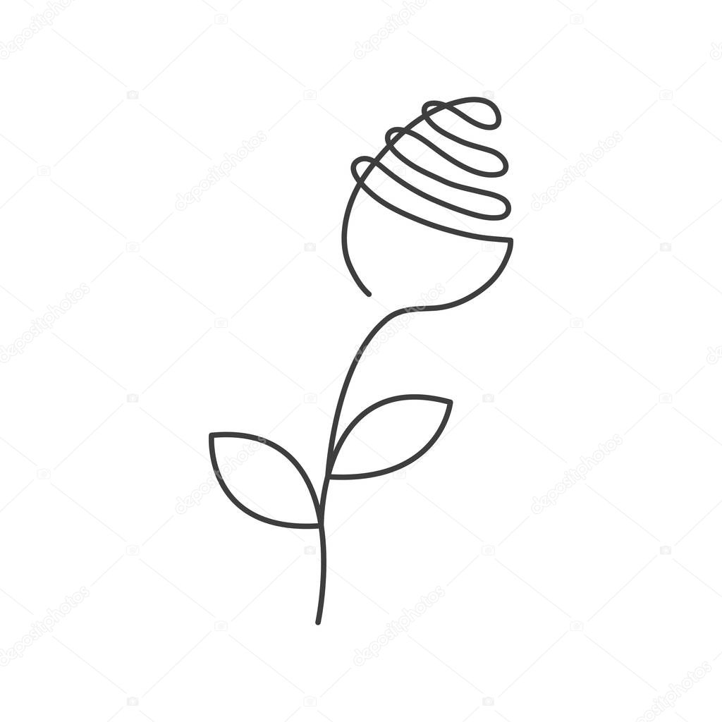 Continuous line rose with leaves. Abstract modern decoration, logo. Vector illustration. One line drawing of flower form. Fancy line art of blossom. Black and white. Trendy concept for card, banner