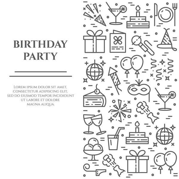 Banner per feste di compleanno con icone di linea con tratto modificabile in forma di rettangolo verticale . — Vettoriale Stock