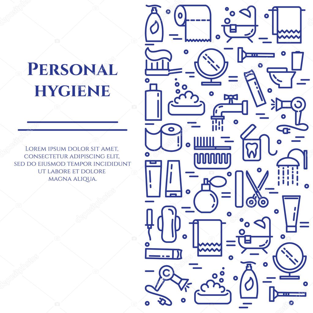 Personal hygiene banner with line icons with editable stroke in form of vertical rectangle.