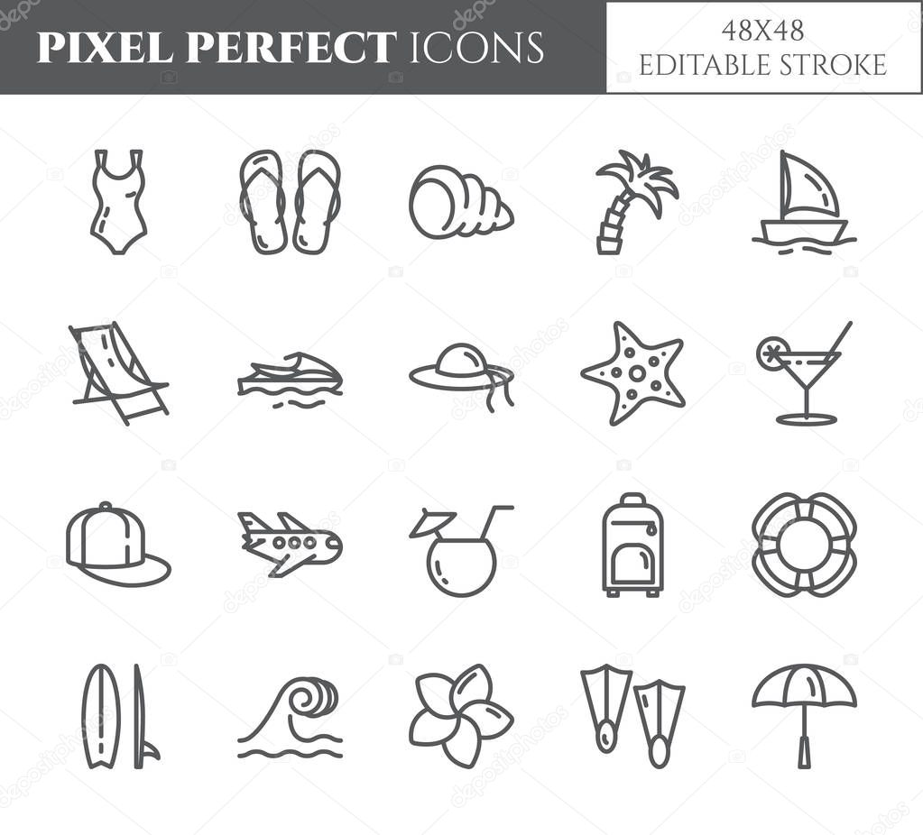 Summer vacation pixel perfect thin line icons set with editable strokes.