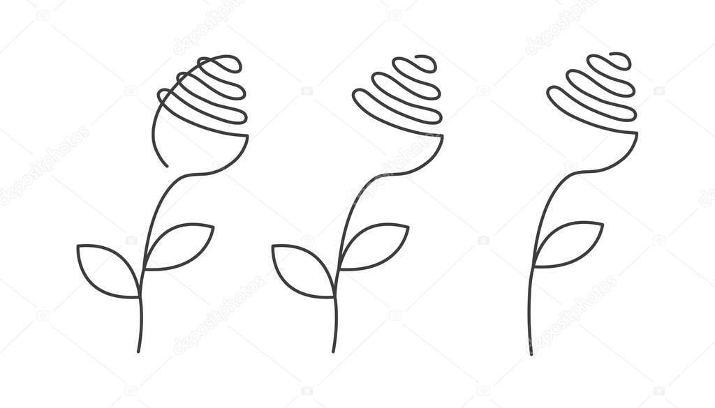 Set of continuous line roses with leaves - abstract modern logo or decoration.