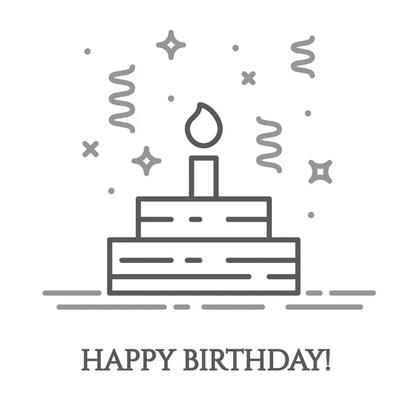 Doğum günü pastası ile mum ve konfeti çevresinde beyaz arka plan üzerinde izole ince çizgi stili. — Stok Vektör