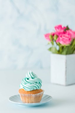 Mavi pastel dikey afiş ile dekore edilmiş cupcake ve retro eski püskü şık vazoda pembe gül buketi.