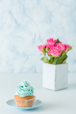 Mavi pastel dikey afiş ile dekore edilmiş cupcake ve retro eski püskü şık vazoda pembe gül buketi.