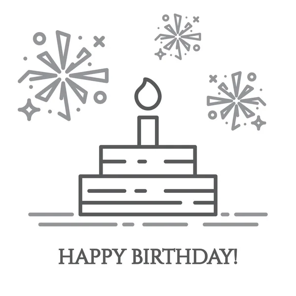 Doğum günü pastası ile mum ve havai fişek çevresinde beyaz arka plan üzerinde izole ince çizgi stili. — Stok Vektör