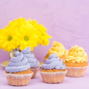 Sarı ve mor krem ve Kasımpatı Menekşe pastel arka planda tebrik kartı copyscape ile süslenmiş cupcakes.