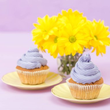 Mor krem ve metin alanı tebrik afiş için Menekşe pastel zemin üzerine sarı Kasımpatı buket cupcakes süslenmiş.