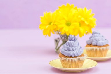 Mor krem ve metin alanı tebrik afiş için Menekşe pastel zemin üzerine sarı Kasımpatı buket cupcakes süslenmiş.