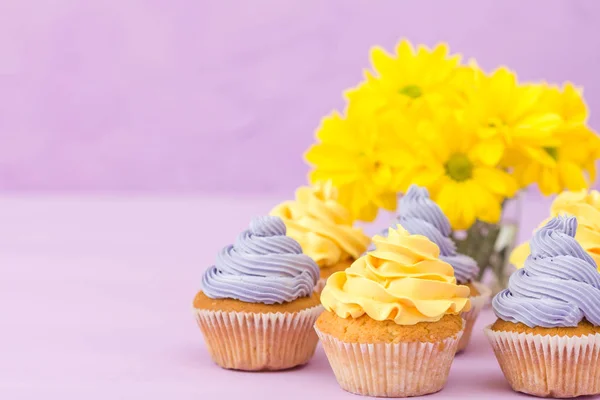 Cupcakes decorados com creme amarelo e violeta e crisântemos em fundo pastel violeta para cartão de saudação com copyscape . — Fotografia de Stock