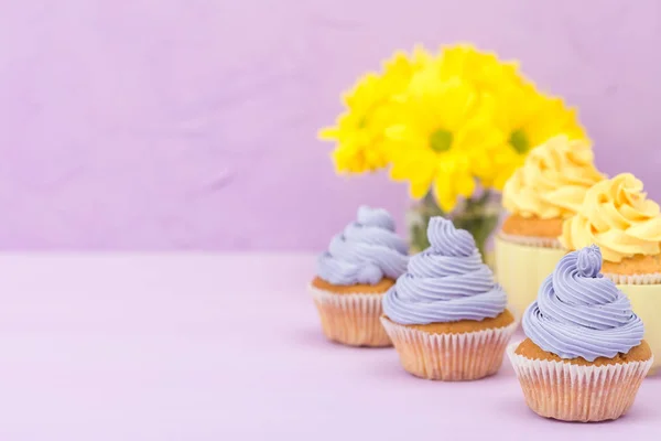 Cupcakes decorados con crema amarilla y violeta y crisantemos sobre fondo pastel violeta para tarjeta de felicitación con copyscape . — Foto de Stock