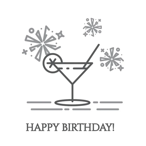 Cóctel en vaso de martini y fuegos artificiales a su alrededor en estilo de línea delgada aislado sobre fondo blanco . — Vector de stock