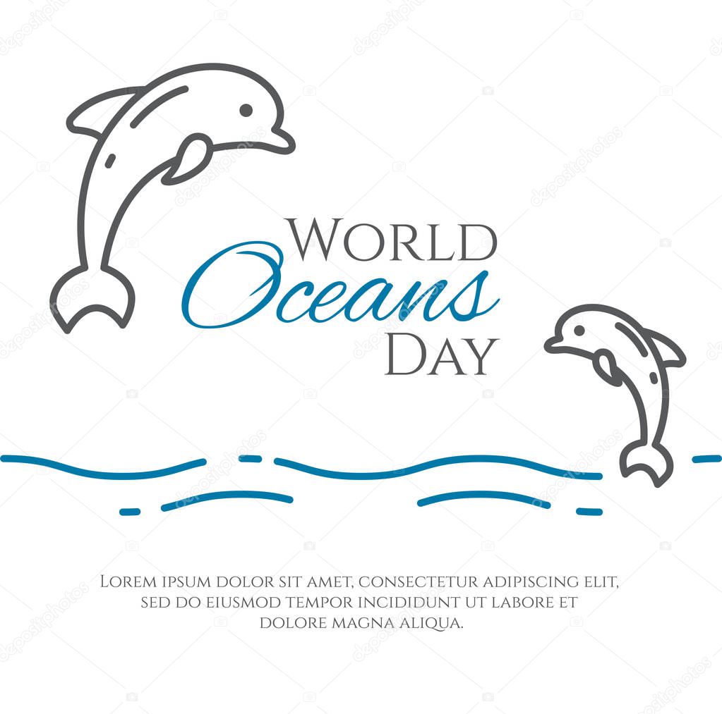 Couple of dolphins jumping above water - line style world oceans day banner isolated on white background.