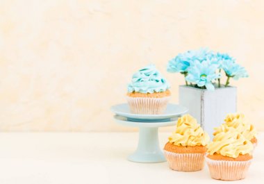 Tatlı mavi ve sarı buttercream dekorasyon ve mavi krizantem retro eski püskü şık vazoda ile cupcake.