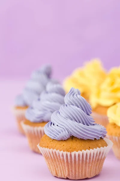 Cupcakes decorated with yellow cream on violet pastel background for greeting card with copyscape.