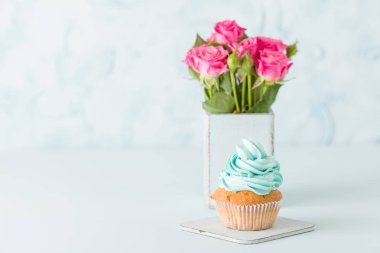 Cupcake pastel mavi zemin üzerine retro eski püskü şık vazoda nazik mavi krem ve pembe Gül ile.