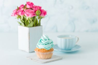 Cupcake pastel mavi zemin üzerine retro eski püskü şık vazoda nazik mavi krem ve pembe Gül ile.