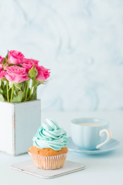 Cupcake pastel mavi zemin üzerine retro eski püskü şık vazoda nazik mavi krem ve pembe Gül ile.