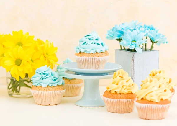 Crisântemo amarelo e azul em vaso chique gasto com cupcakes decorados com creme macio. Área de Copyscape — Fotografia de Stock