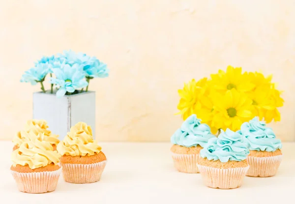 Crisântemo amarelo e azul em vaso chique gasto com cupcakes decorados com creme macio. Área de Copyscape — Fotografia de Stock