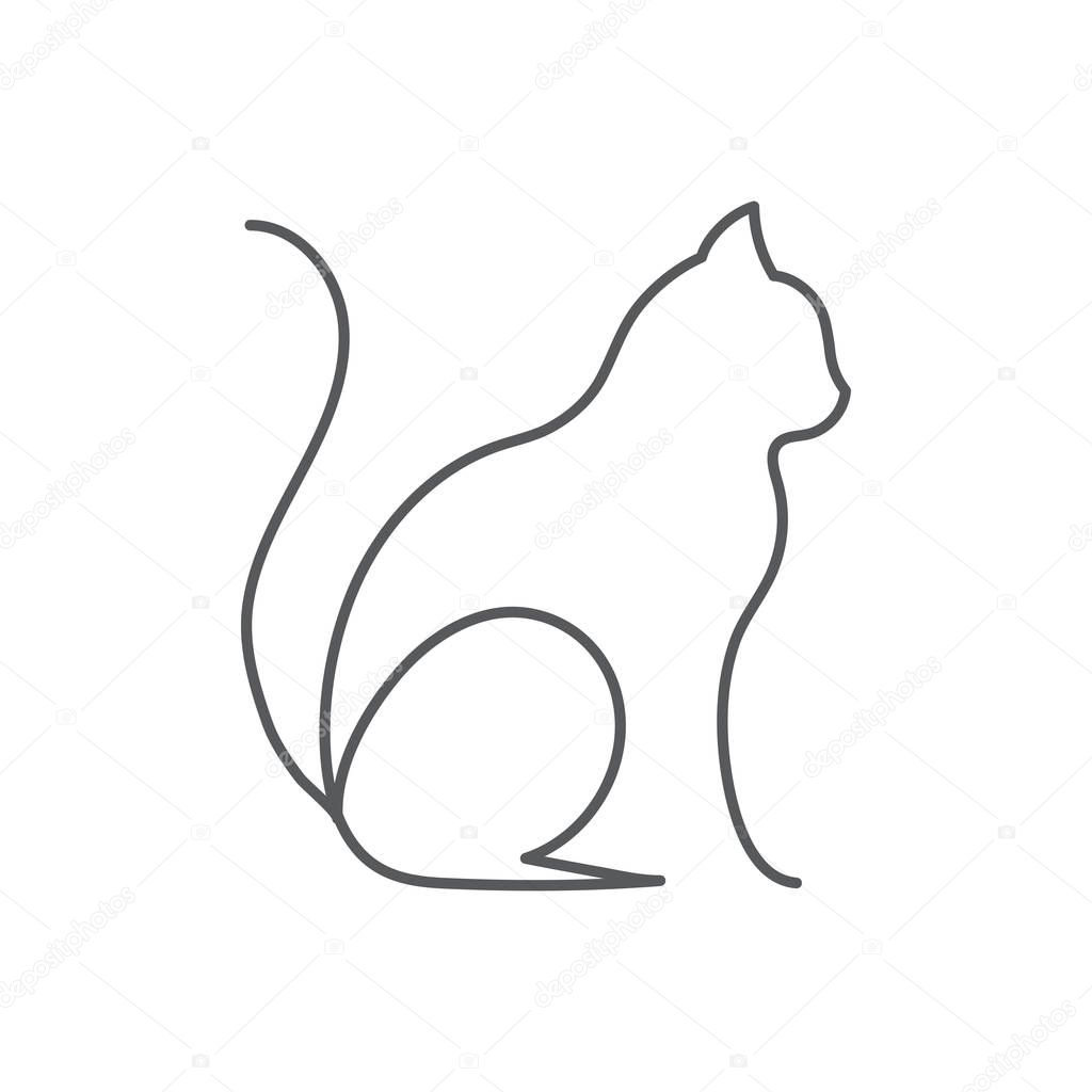 Cat continuous line drawing - cute pet sits with raised tail side view isolated on white background, editable stroke vector illustration of domestic animal in one line for logo or decorative element.