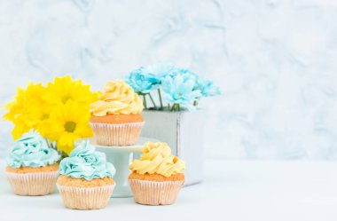 Sarı ve mavi krem dekorasyon ve pastel zemin üzerine sarı Kasımpatı buket ile cupcakes.