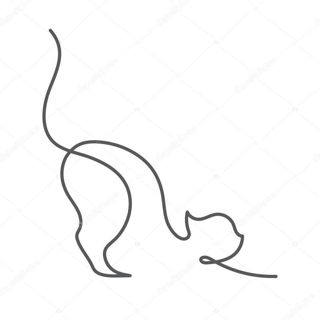 Cat continuous line drawing - cute pet stretching himself with his tail holds high isolated on white background.