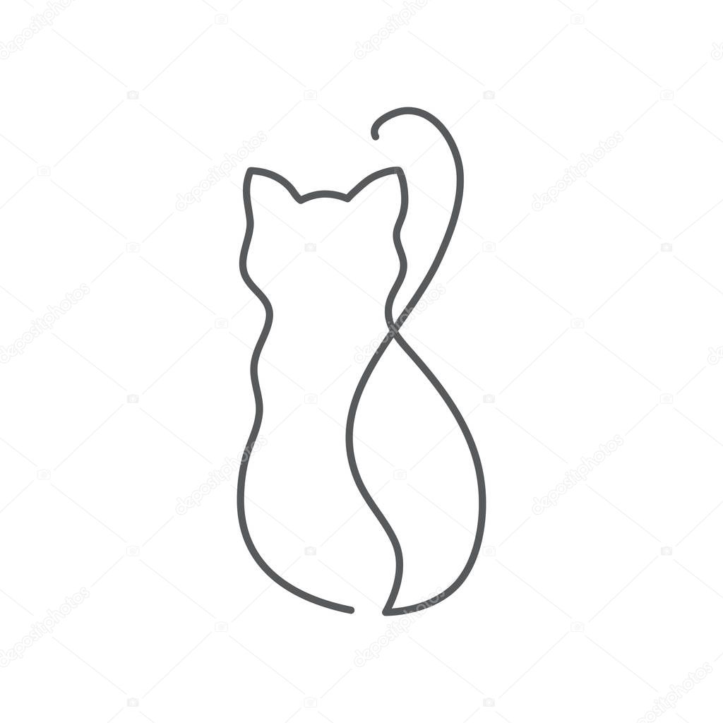 Back view of cat continuous line drawing - cute pet sits backward with twisted tail isolated on white background. Editable stroke vector illustration of domestic animal in one line for logo.