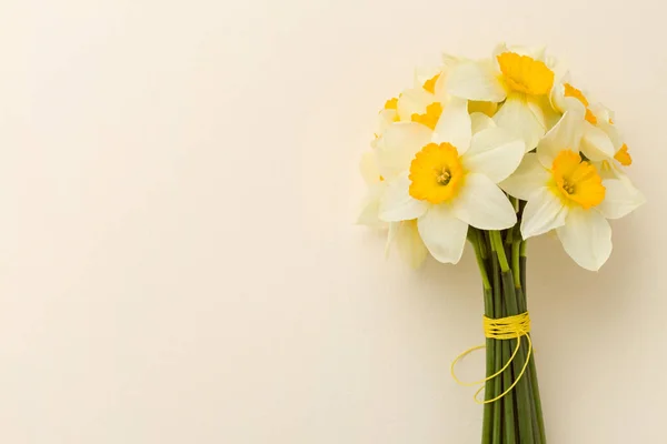 Buquê branco daffodil no fundo pastel amarelo com espaço de cópia . — Fotografia de Stock