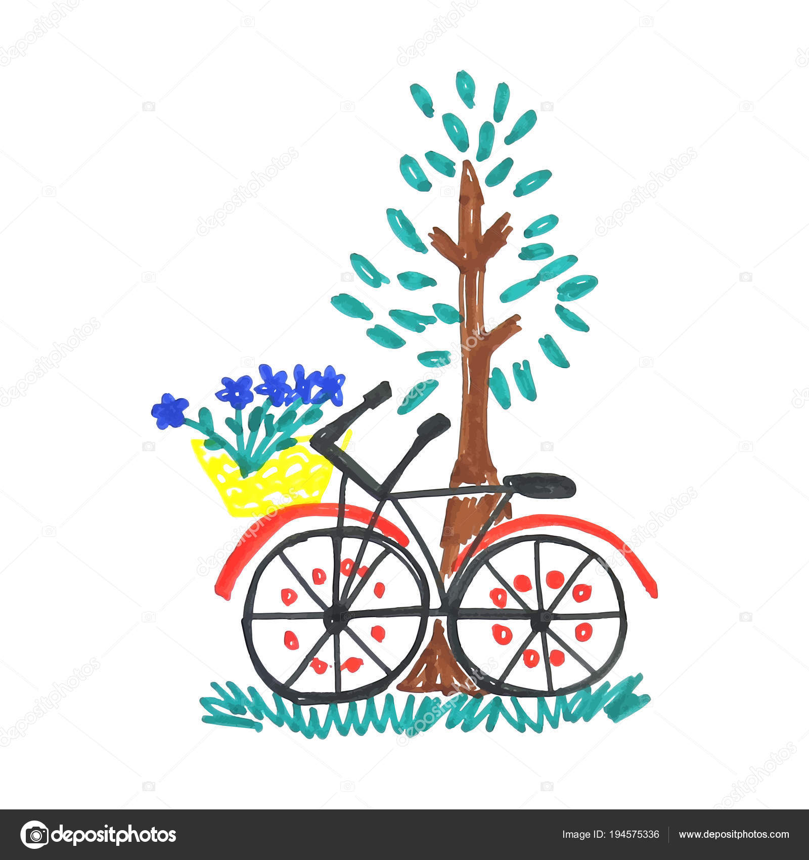 Chico garabato de bicicleta con flores azules en cesta floral cerca del  árbol con hojas aisladas sobre fondo blanco . Vector de stock por  ©RoJDesign 194575336