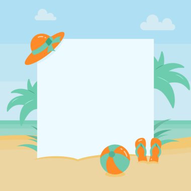 Yaz plaj tatil afiş üzerinde kum su ve büyük kağıt, kopya alanı yakınında palmiye ağaçları ile tatil aksesuarları ile.
