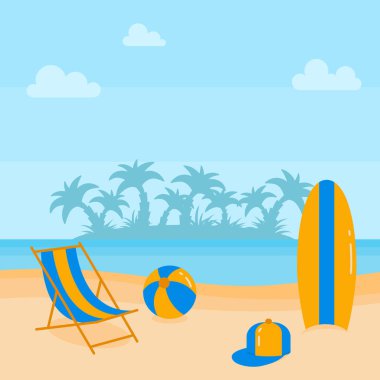 Yaz plaj tatil afiş suya yakın kum üzerinde lounge ve tatil aksesuarları ile.