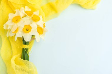 Kopya alanı pastel mavi zemin üzerine sarı Tekstil dekorasyon ile nergis buket.