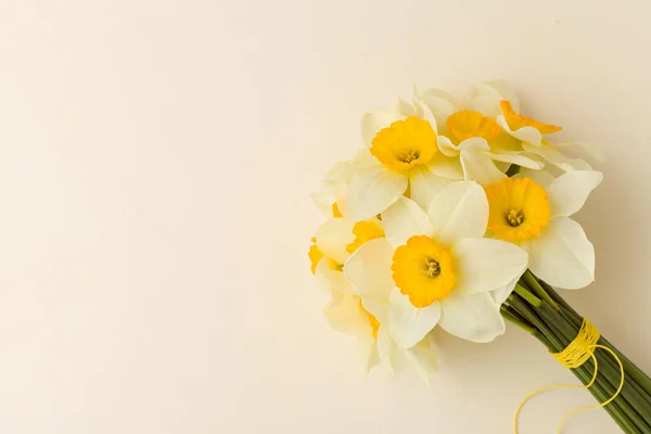Bouquet de jonquilles blanches sur fond pastel jaune avec espace de copie . — Photo