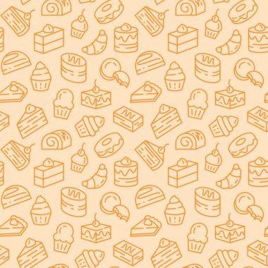 Tatlı kek, bisküvi ve pasta düzenlenebilir kontur Hat sanatı ile ilgili seamless modeli pişmiş.