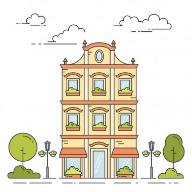 Şehir manzarası vintage house, ağaçlar ve satır resmi beyaz arka plan üzerinde izole bulutlar.