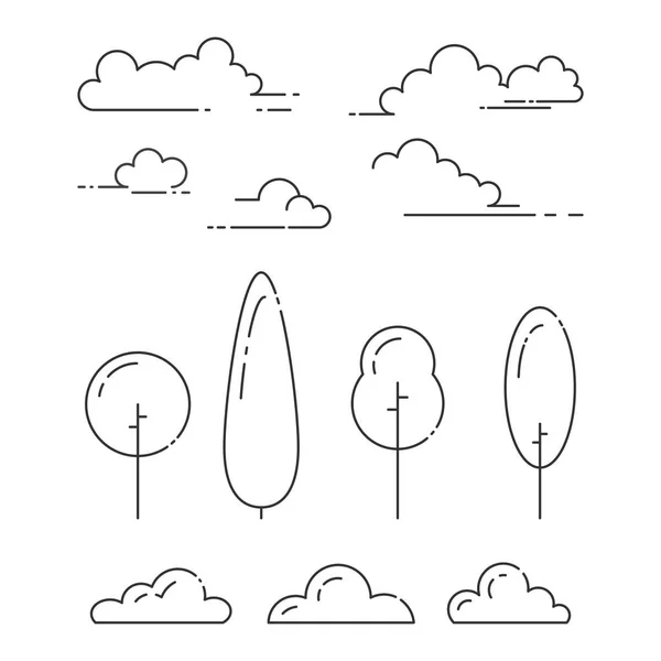 Zestaw Elementów Parku Przyrody Drzew Krzewów Chmury Sztuce Linię Pociągnięciem — Wektor stockowy