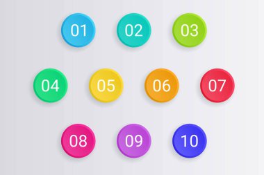 3d kurşun nokta vektör çizimi - 1 'den 10' a kadar sayılarla izole edilmiş parlak renkli yuvarlak noktalar.