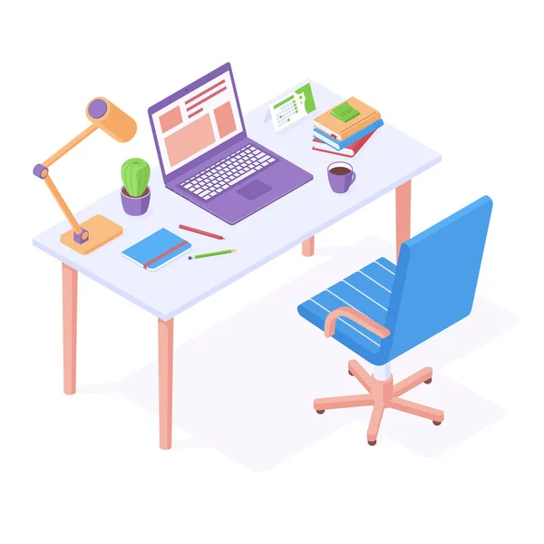 Arbeitsplatz isometrisch - Bürostuhl steht neben Tisch mit Laptop, Schreibtischlampe und Schreibwaren. — Stockvektor