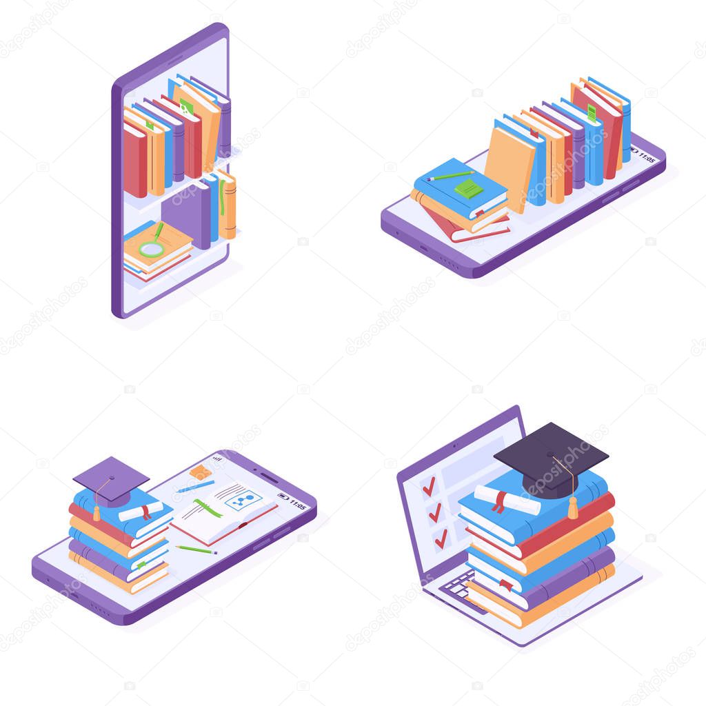 Online education or reading isometric vector illustration.