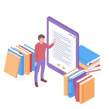 Online okuma izometrik konsepti. Genç adam ekranında e-kitap sayfası olan devasa dijital tabletin yanında duruyor..