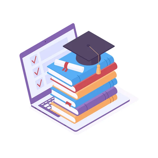 Çevrimiçi eğitim izometrik vektör çizimi. Düz dizüstü bilgisayarda yığınla kitap, diploma tomarı ve mezuniyet şapkası..