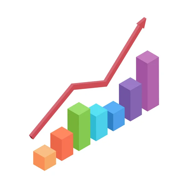 Isometrisches Balkendiagramm mit wachsendem Pfeil auf weißem Hintergrund. — Stockvektor