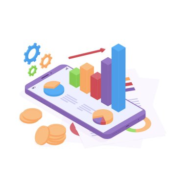 Cep telefonu ve kağıt belgeler üzerinde grafikleri olan Isometric iş analizi konsepti, bozuk para ve vites yığını.