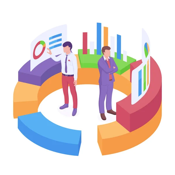 Análise de negócios ilustração vetorial isométrica com empresário dentro gráfico de torta e análise de informações financeiras . —  Vetores de Stock